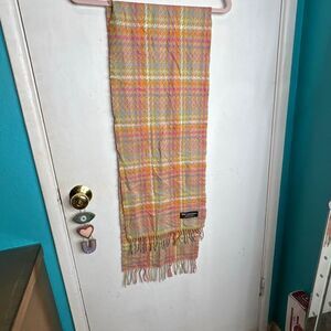 100% Cashmere Scarf Multi Colored Plaid Print Made In Scotland Fringe Trim Soft